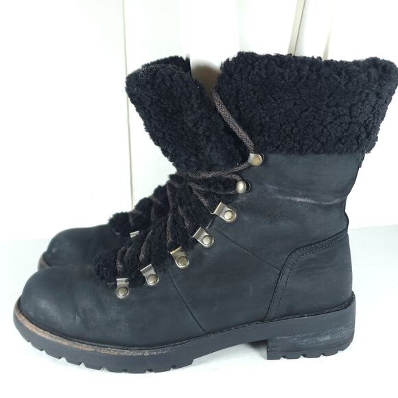 UGG Women's Fraser US7 Black Leather Lace Up Waterproof Mid Calf Shearling Boots - Picture 2 of 16